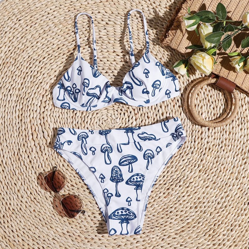 

Mushroom Print Underwire Bikini Swimsuit, Multicolor