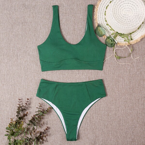 

Rib High Waisted Bikini Swimsuit, Green