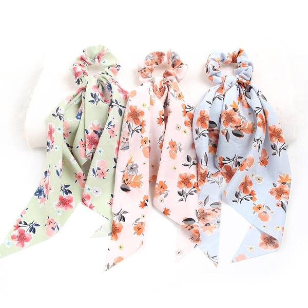 

3pcs Flower Print Scarf Hair Tie, Multicolor