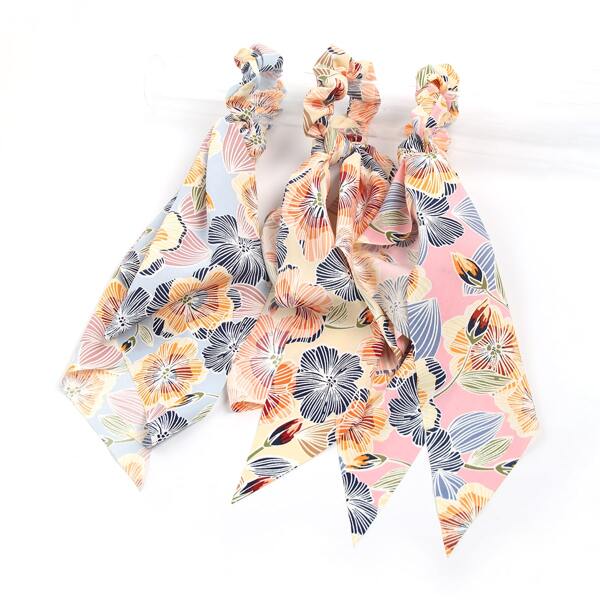 

3pcs Flower Print Scarf Hair Tie, Multicolor