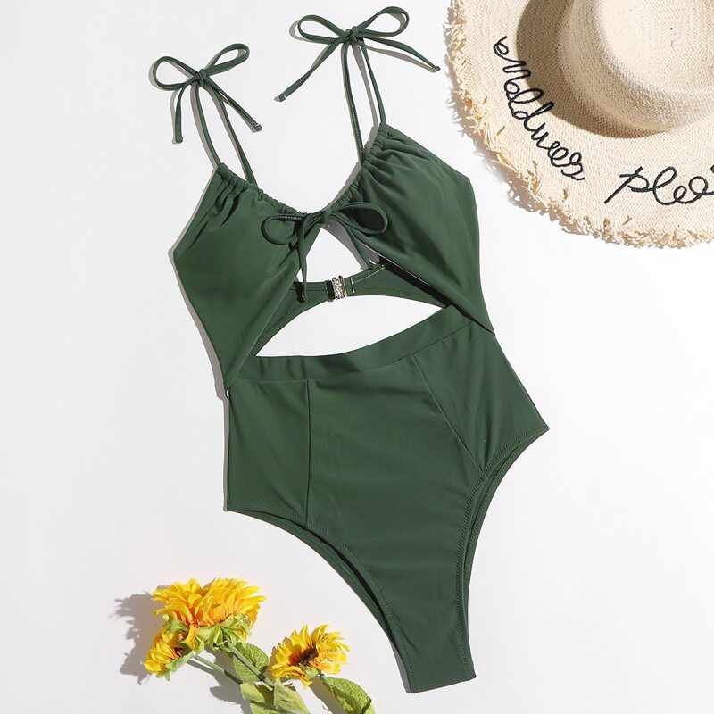 

Solid Cut Out Tie Shoulder One Piece Swimsuit, Army green