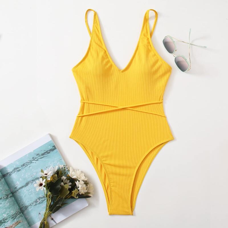 

Solid Criss Cross One Piece Swimsuit, Yellow