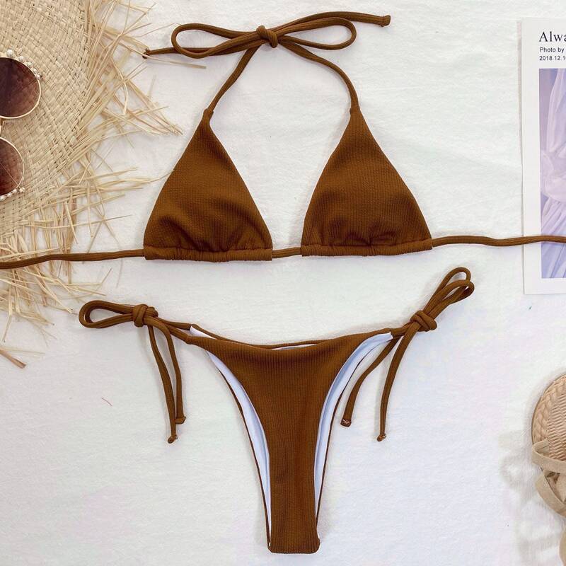 

Rib Triangle Tie Side Bikini Swimsuit, Brown