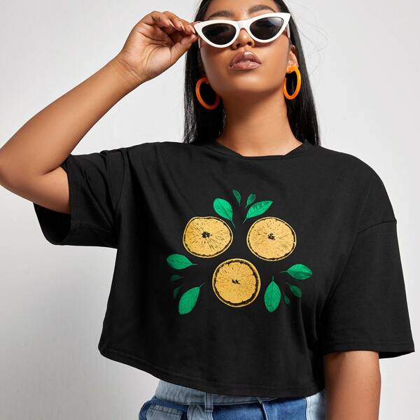 

Plus Lemon Print Crop Tee, Black