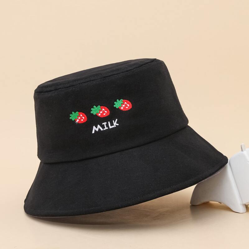 

Strawberry Embroidery Bucket Hat, Black
