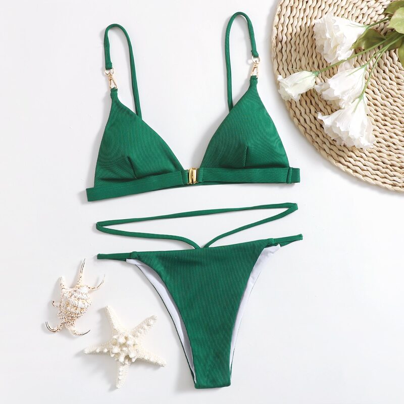 

Ribbed Triangle Tanga Bikini Swimsuit, Green
