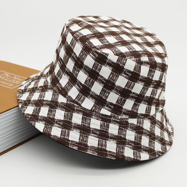 

Men Plaid Print Reversible Bucket Hat, Coffee brown