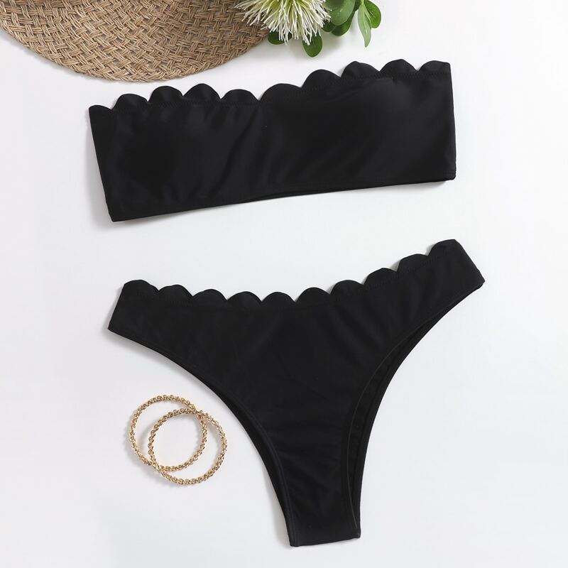 

Scallop Trim Bandeau Bikini Swimsuit, Black