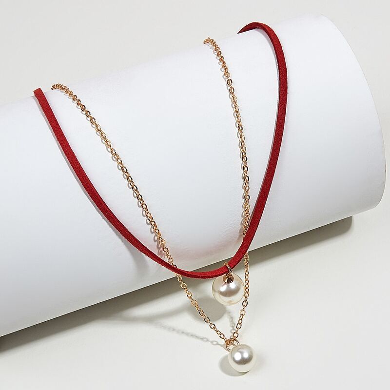 

Faux Pearl Layered Necklace, Red