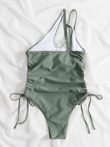Drawstring Side Asymmetrical Neck One Piece Swimsuit, For Summer Beach Vacation - Army Green - View 2