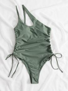Drawstring Side Asymmetrical Neck One Piece Swimsuit, For Summer Beach Vacation - Army Green - View 3
