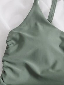 Drawstring Side Asymmetrical Neck One Piece Swimsuit, For Summer Beach Vacation - Army Green - View 6