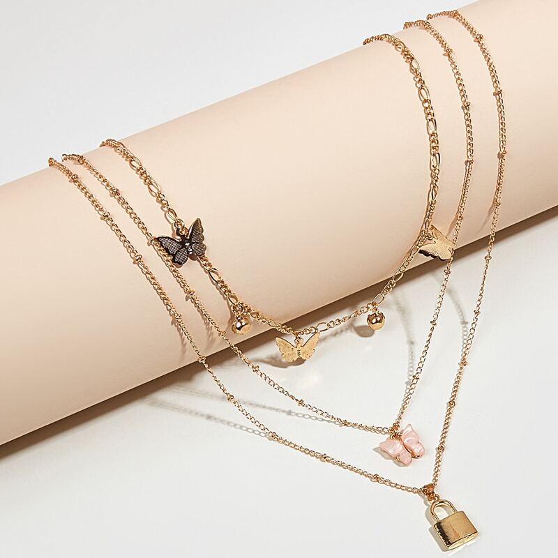 

2pcs Butterfly & Lock Charm Necklace, Gold