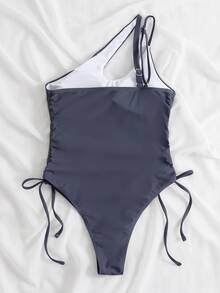 Drawstring Side One Shoulder One Piece Swimsuit, For Summer Beach Vacation - Dark Grey - View 2