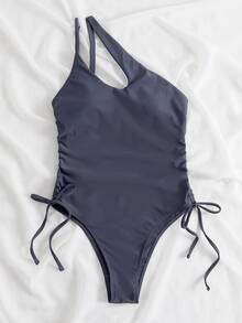 Drawstring Side One Shoulder One Piece Swimsuit, For Summer Beach Vacation - Dark Grey - View 4