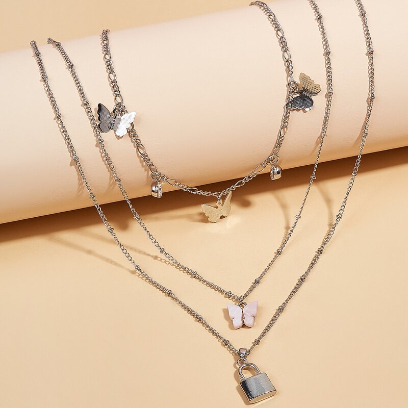 

2pcs Butterfly & Lock Charm Necklace, Silver