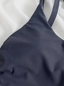 Drawstring Side One Shoulder One Piece Swimsuit, For Summer Beach Vacation - Dark Grey - View 5