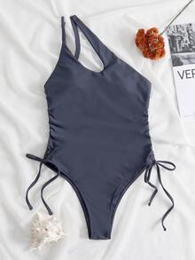 Drawstring Side One Shoulder One Piece Swimsuit, For Summer Beach Vacation - Dark Grey - View 6