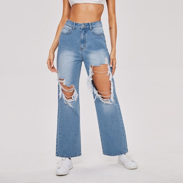 

High Waist Ripped Detail Wide Leg Jeans, Light wash