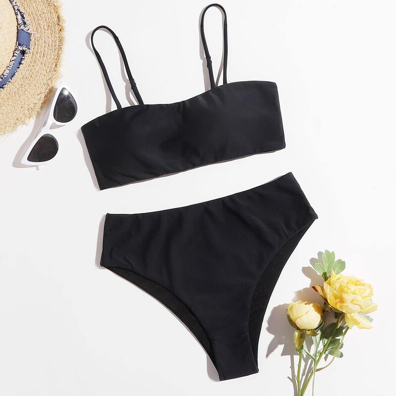 

Solid Cami High Waist Bikini Swimsuit, Black