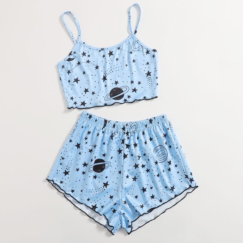 

Galaxy & Planet Graphic Lettuce Trim Pajama Set, Baby blue