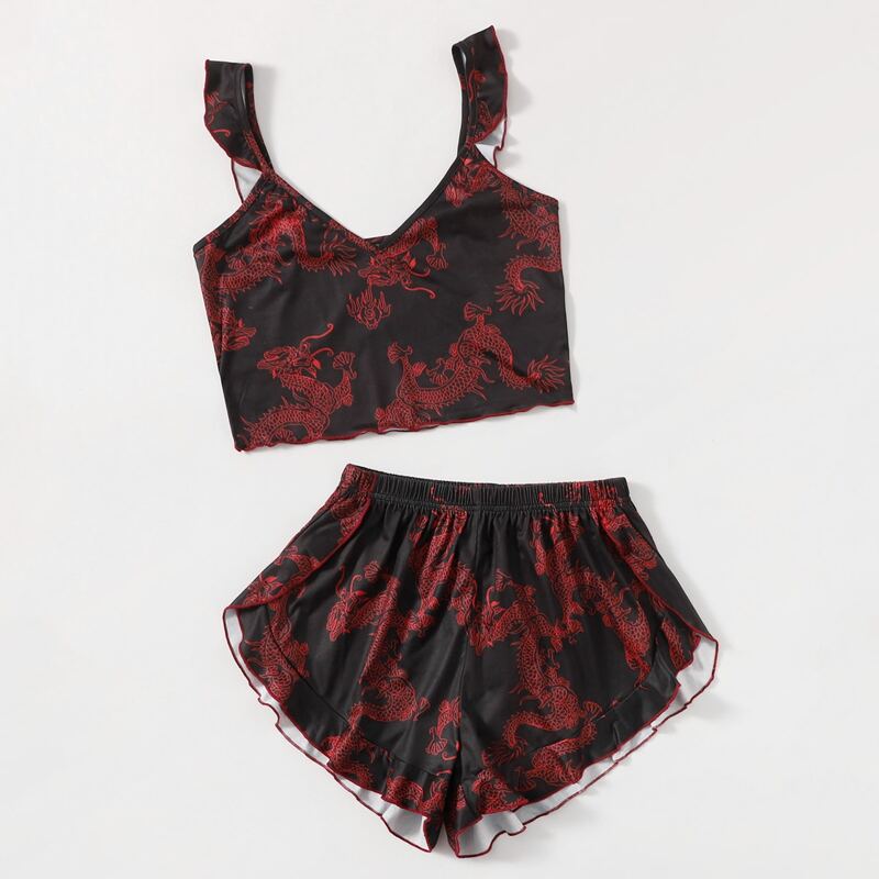 

Chinese Dragon Graphic Ruffle Pajama Set, Multicolor