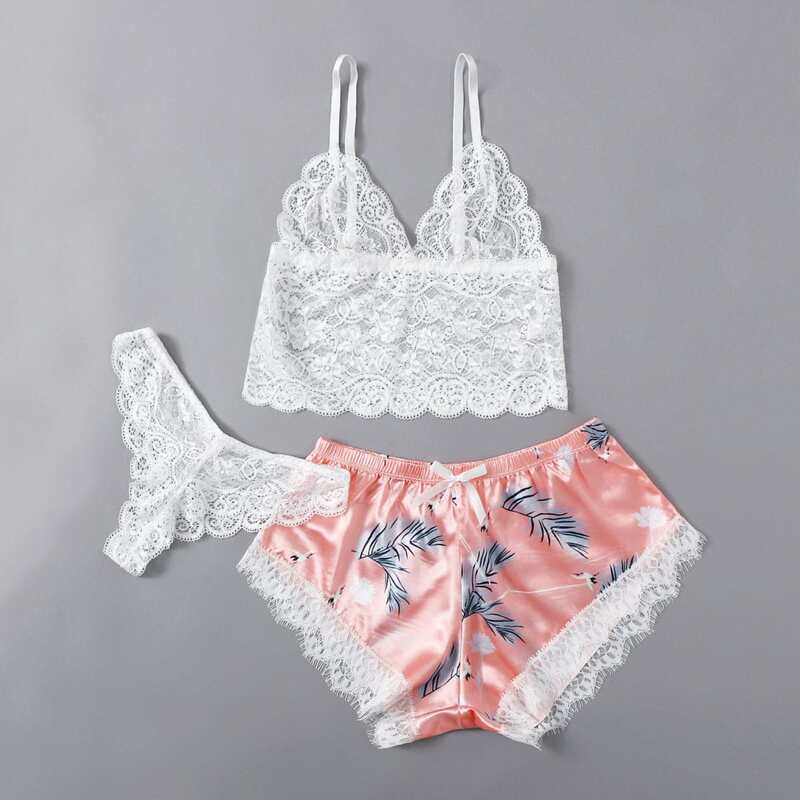 

3pack Floral Lace Leaf Graphic Lingerie Set, Multicolor