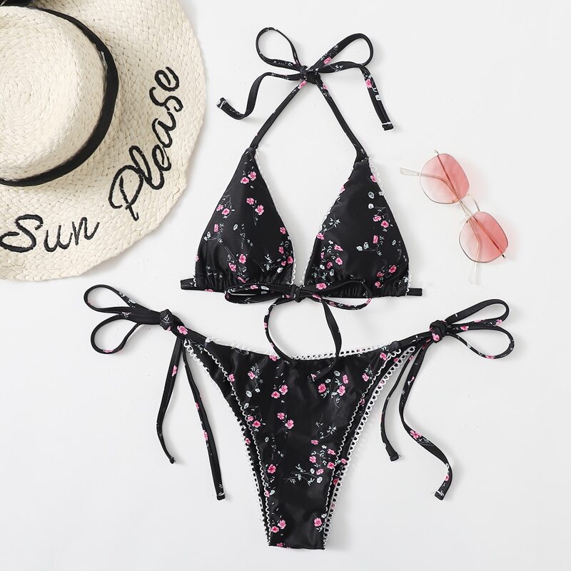 

Floral Tie Side Bikini Swimsuit, Black