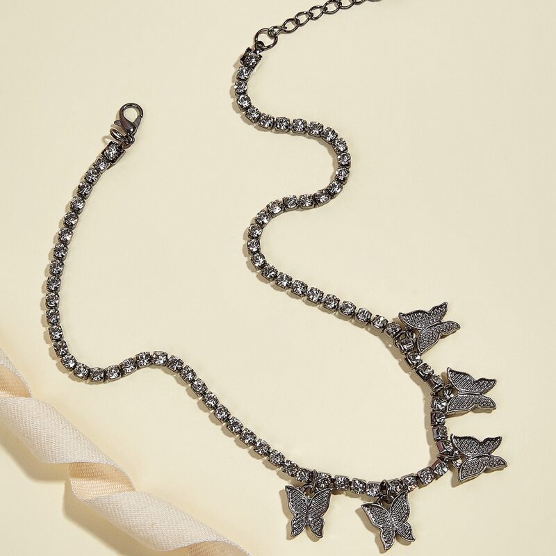 

Rhinestone Butterfly Charm Necklace, Antique silver