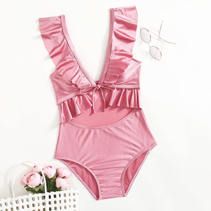 

Solid Ruffle Cut Out One Piece Swimsuit, Pink