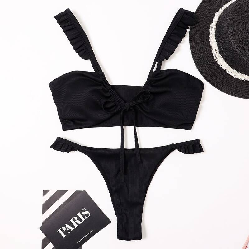 

Frill Trim Thong Bikini Swimsuit, Black