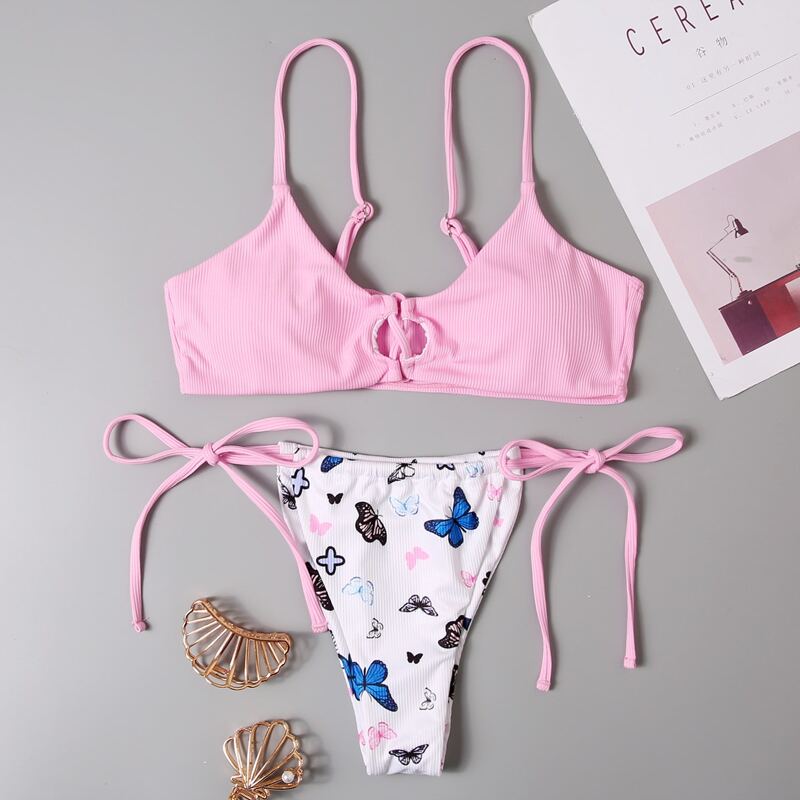 

Butterfly Print Tie Side Bikini Swimsuit, Multicolor