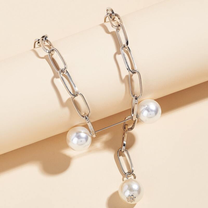 

Faux Pearl Chain Necklace, Silver