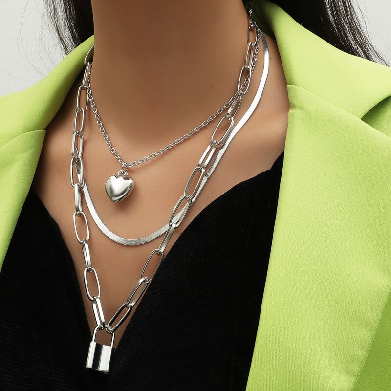 

2pcs Heart & Lock Charm Necklace, Silver