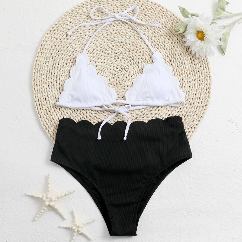 

Scallop Trim High Waist Bikini Swimsuit, Black and white