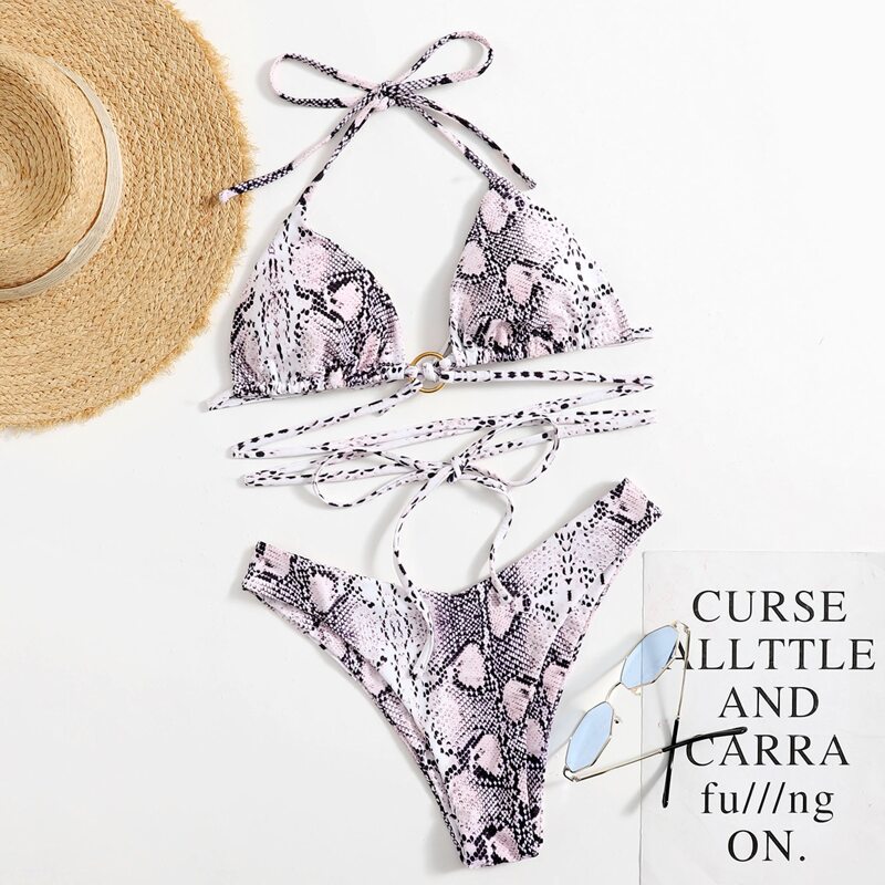 

Snakeskin Print Crisscross Bikini Swimsuit, Multicolor