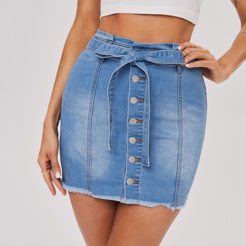 

Button Up Self Belted Denim Skirt, Light wash