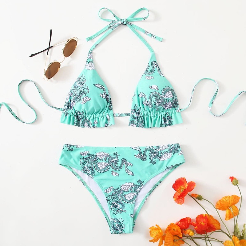 

Dragon Print Ruffle Bikini Swimsuit, Mint green
