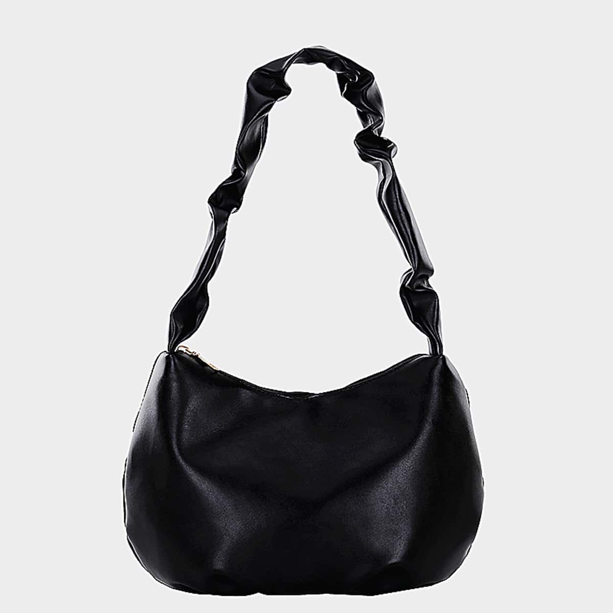 

Solid Ruched Strap Baguette Bag, Black