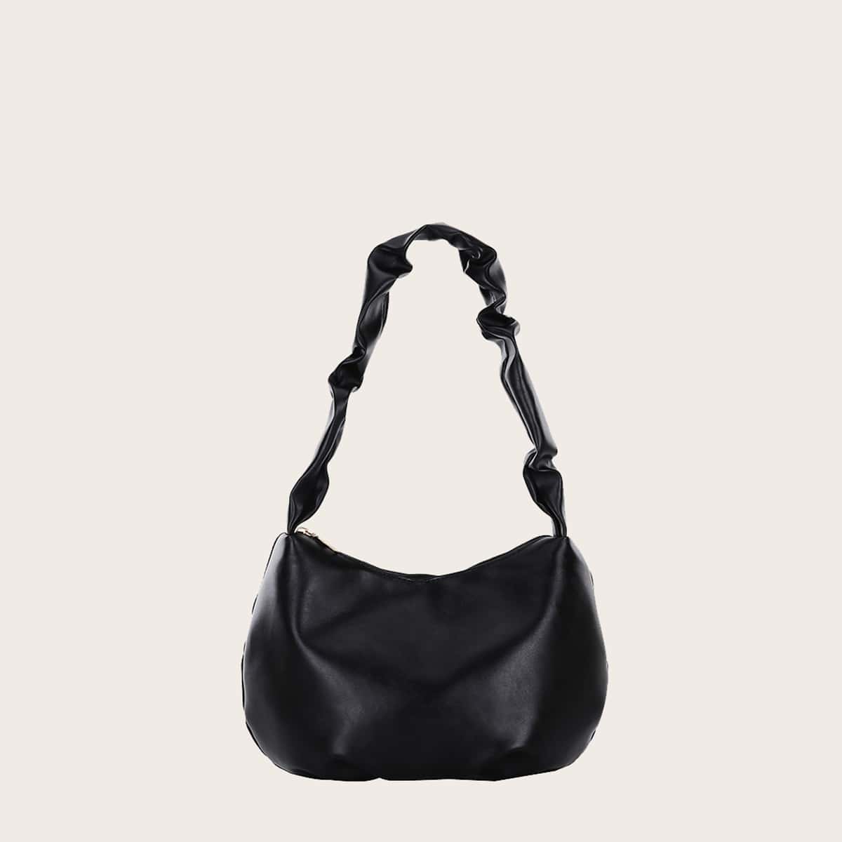 

Solid Ruched Strap Baguette Bag, Black