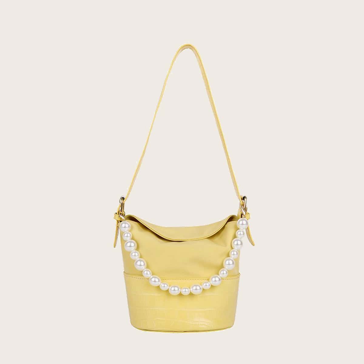 

Faux Pearl Handle Croc Embossed Bucket Bag, Yellow