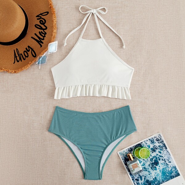 

Rib Ruffle Hem Bikini Swimsuit, Multicolor