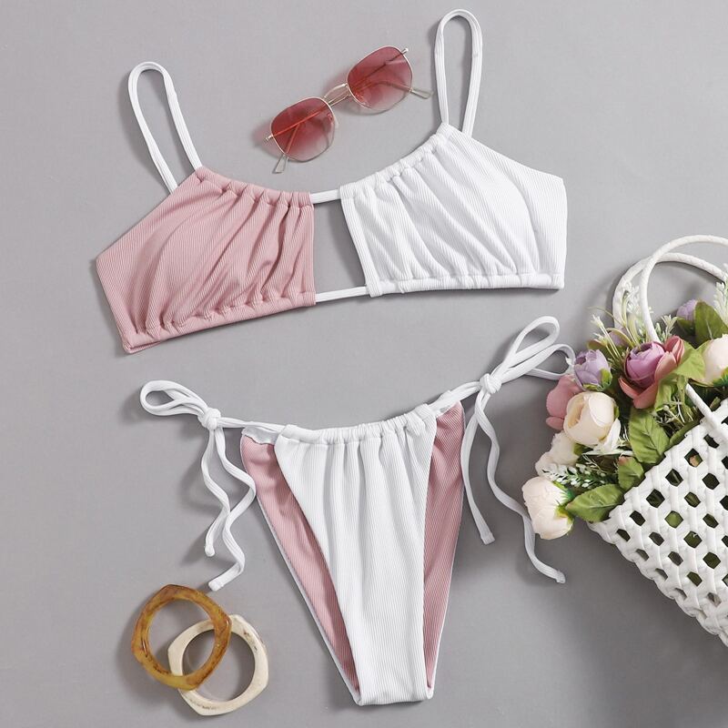 

Two Tone Tie Side Bikini Swimsuit, Multicolor