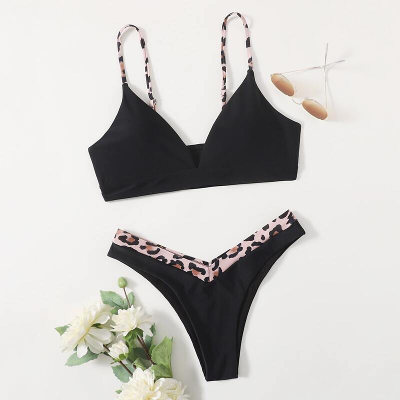 

Leopard Tape High Leg Bikini Swimsuit, Black