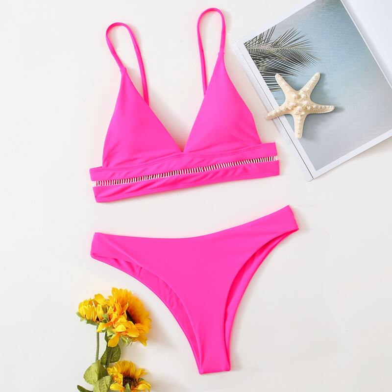 

Cut-out Detail Triangle Bikini Swimsuit, Hot pink