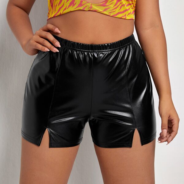

Plus Split Front PU Biker Shorts, Black