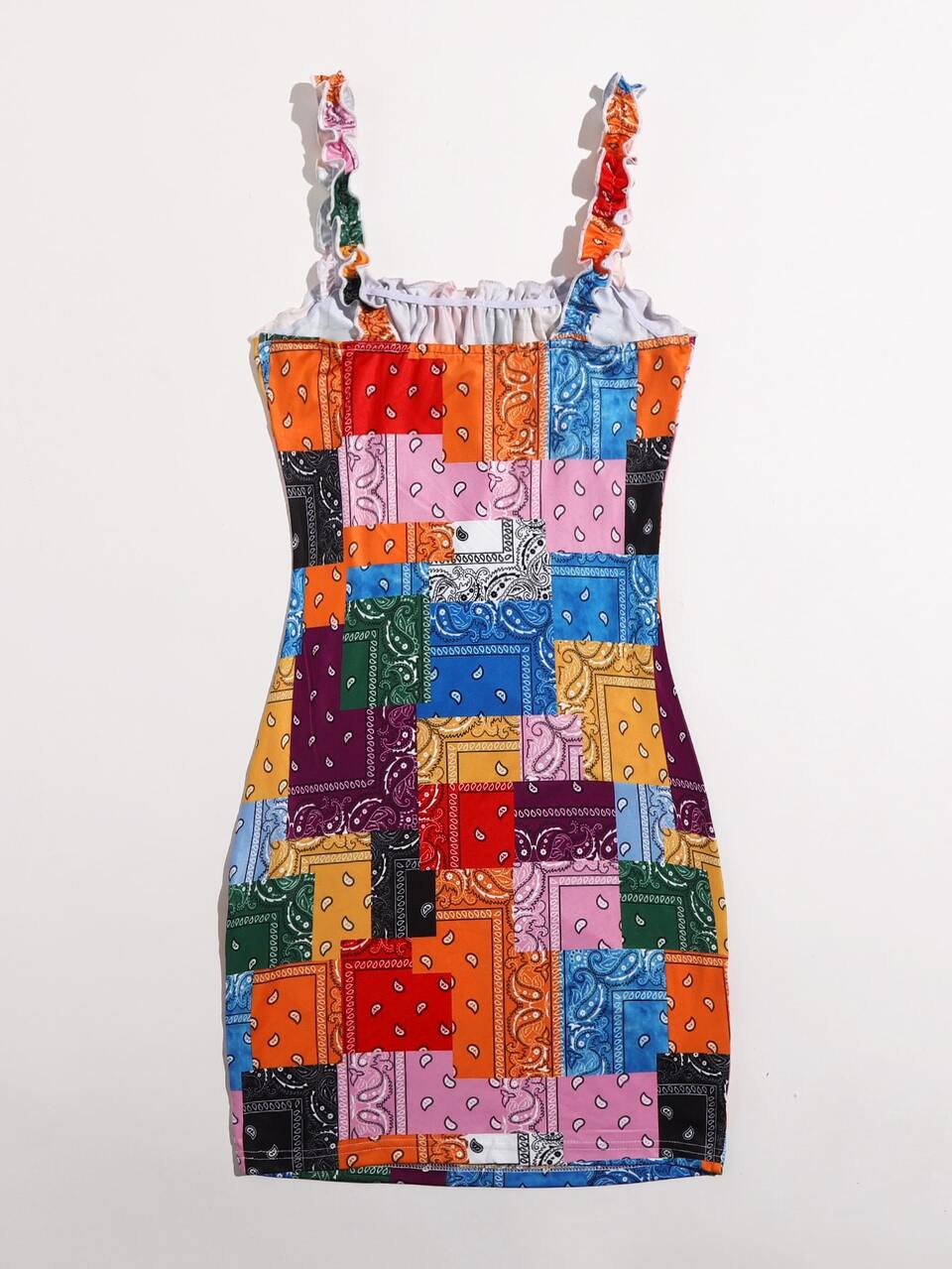 Plus Tie Front Frilled Ruched Bust Patchwork Print Bodycon Dress