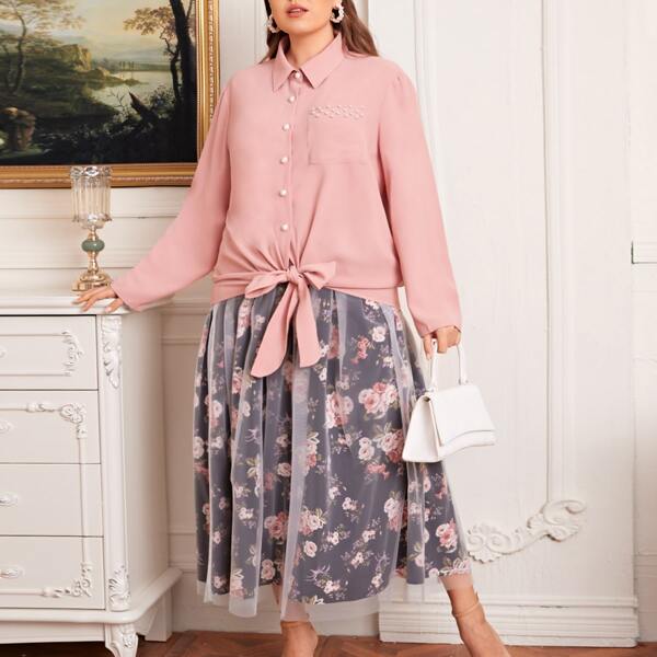 

Plus Pearls Beaded Patch Pocket Knot Hem Blouse & Floral Print Sheer Mesh Skirt Set, Multicolor