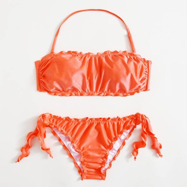 

Lettuce Trim Tie Side Bikini Swimsuit, Coral orange