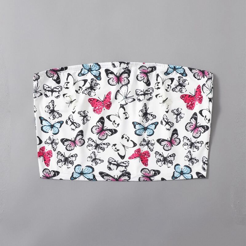

Butterfly Print Crop Tube Top, White